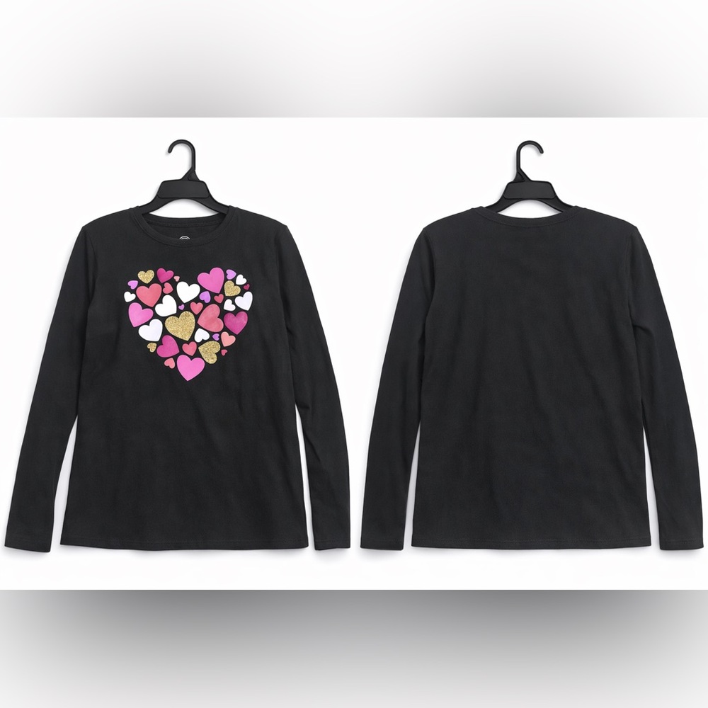 Wonder Nation Kids XXL 18 Black Long Sleeve Heart Graphic Shirt